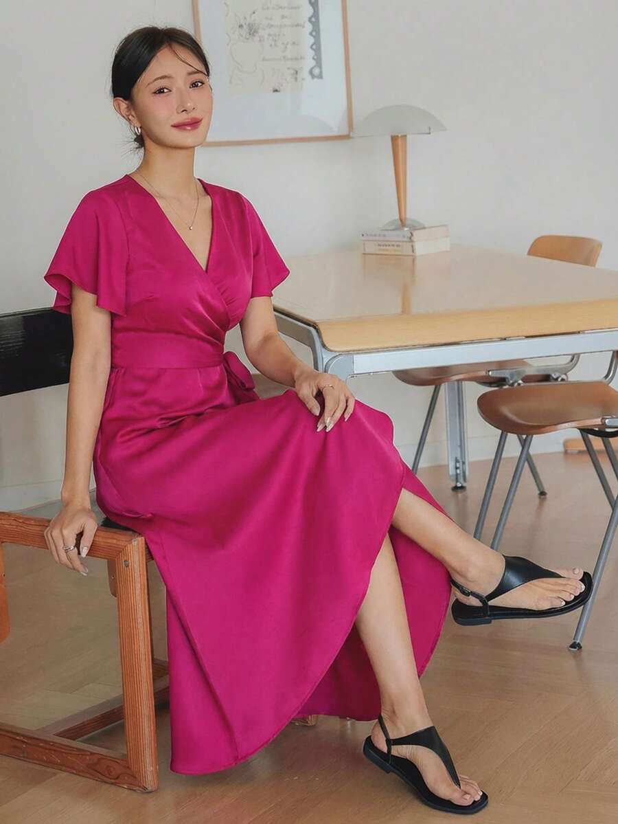 Dazy-Less Satin Satin Elegant Long Wrap Dress, Suitable For Valentine's Day, Wedding, Party, Formal Occasions, Fashion, Slim Fit, Commute, Spring/Summer Sundress - Hot Pink - View 1