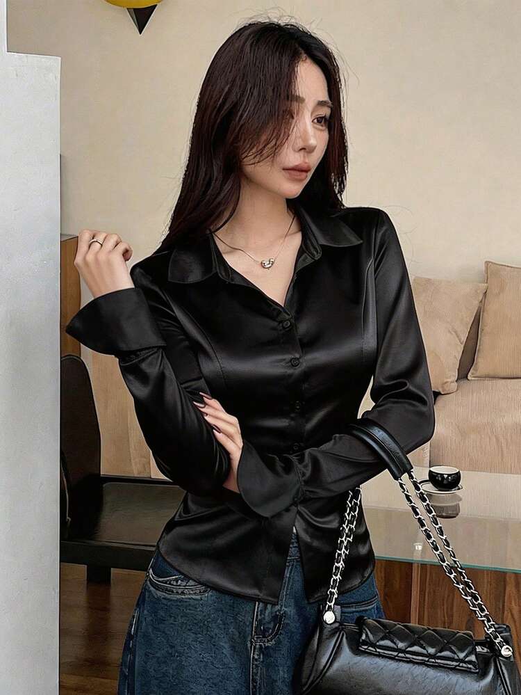 Spring/Summer Elegant Long Sleeve Satin Shirt For Women, Casual, Commute, Wedding, Valentine's Day