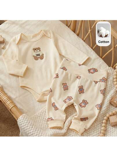 Loomiva Newborn Baby Girl/Boy Cartoon Bear Pattern Knit Soft Round Neck Long Sleeve Romper & Elastic Waist Pants 2pcs Set