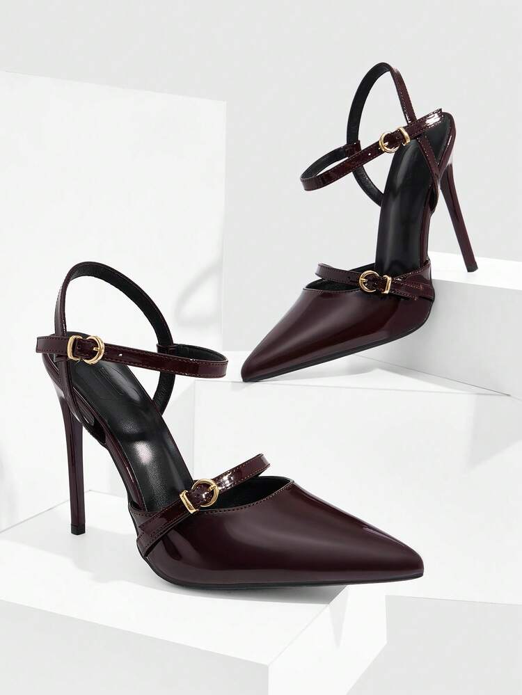 CUCCOO SZL Women Shoes Women's Pointed Stiletto Brown Glossy Ankle Strap Buckle Temperament Elegant Fashion Sexy Women's High-Heeled Shoes Slingback Shoes Suitable For Parties, Parties, Banquets And Other Occasions Women's Shoes