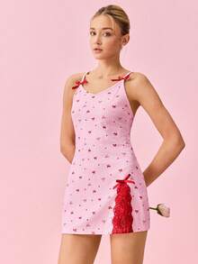 Bonmuse Camisón de mujer con estampado de corazón y lazo de jacquard tejido, con parches de encaje y abertura alta - Rosa - Ver 6