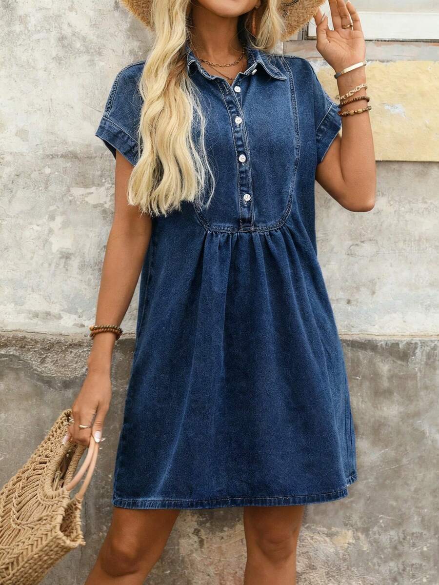 Breezaya Denim Collared Dress For Women, Fashionable Distressed Look, Flattering - Dark Wash - View 1