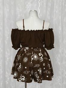Sunspun Plus Size Contrast Color Off Shoulder Midi Dress, Dark Aesthetic - Brown - View 2