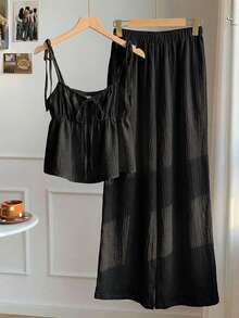 Comfortcana Plus Size 2 Pieces Set: Linen Ruffle Camisole And Wide Leg Pants, Casual Vacation Style, Spring/Summer, Comfortable Cotton Camisole And Long Pants 2 Pieces Set, Cotton 2 Pieces Set, Summer Clothing - Black - View 4