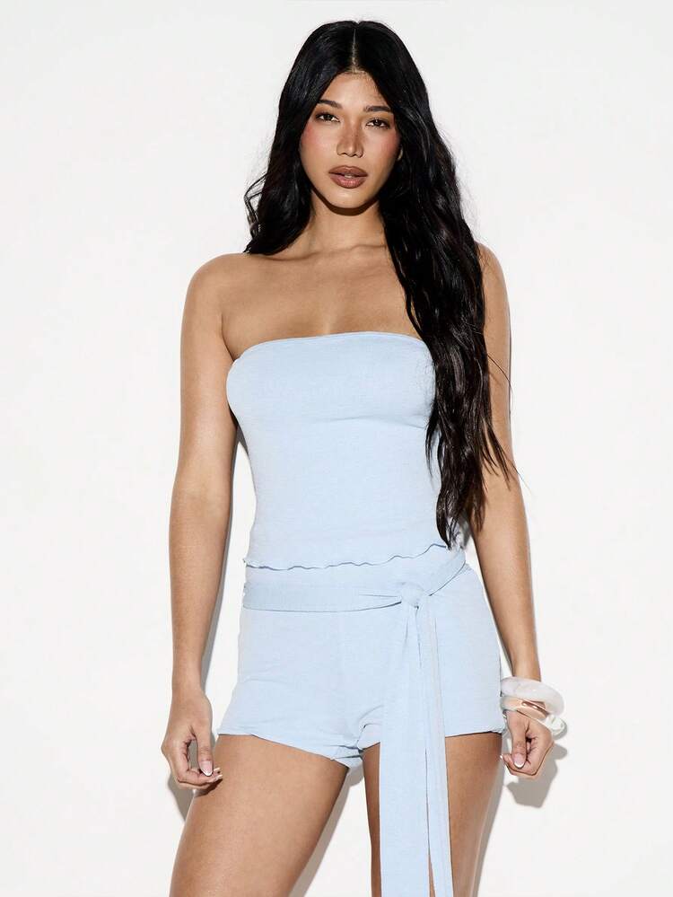 KIZN Strapless Bandeau Top And High Waisted Shorts Two Piece Set With Tie Detail Summer Casual Coordinate Outfit