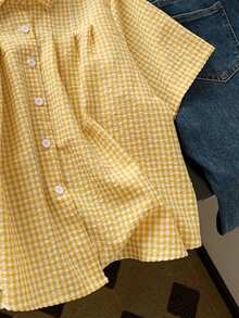 INAWLY 新款甜美翻领宽松格子衬衫，女士款 - 黃色 - 查看 4