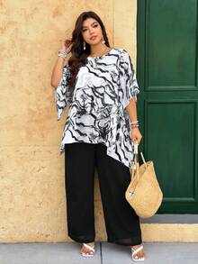 Weeklong Plus Size Chiffon Asymmetrical Layered Flare Sleeve Top + Double-Layer Chiffon Wide Leg Pants 2 Pieces Set, Casual Vacation Commute - Multicolor - View 5