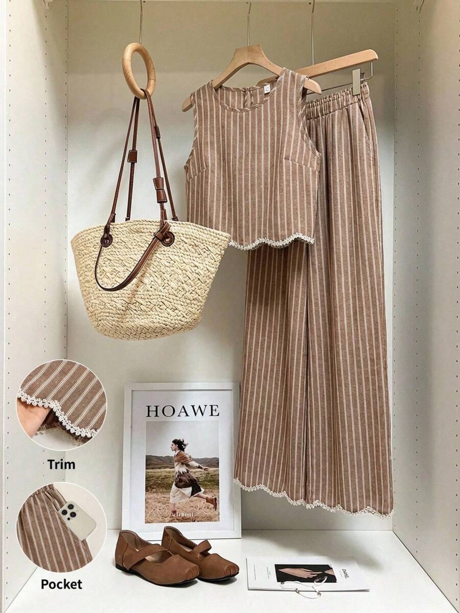 Serisse Bộ đồ 2 món dành cho nữ: Áo tank top cổ tròn, vạt bất đối xứng, thêu sọc và quần dài có túi, thích hợp cho kỳ nghỉ. - màu nâu - Xem 1