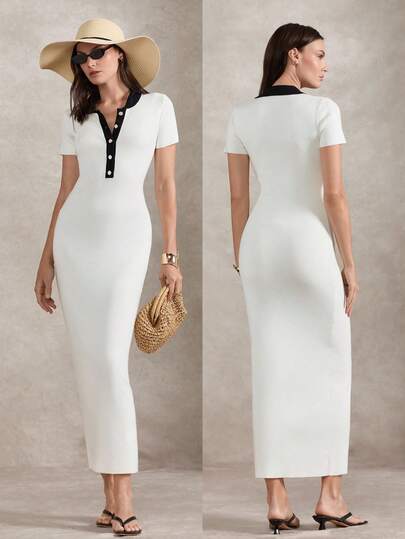 Briarwyn Đầm dệt kim ôm dáng tay ngắn, cài khuy nửa thân, phối màu tương phản dành cho nữ.