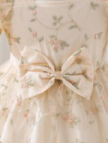 SHEIN Glamorique Kids 0-3岁女宝宝春夏优雅公主风网纱碎花泡泡袖杏色连衣裙，适合女宝宝春季穿着，也适合派对穿着，是送给新生儿的公主裙，也适合生日女宝宝。 - 杏色 - 查看 5
