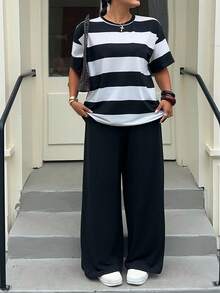 Muchica 大码圆领落肩条纹休闲宽松两件套，夏季 - 彩色 - 查看 3