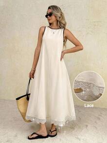 SHEIN Frenchy Women's Casual Loose Sleeveless Round Neck Long Dress, Suitable For Vacation,French Minimalist Sleeveless Dress With Lace Trim,A Flowing, Umbrella-Shaped Hemline, This Elegant Resort Maxi Dress Is A New Summer Style,Contrasting Trim Design,Picnic Dress,Vacation Dresses,Summer Dresses For Women,Elegant Dresses For Party,Beach Outfits, Beach Vacation Outfits For Women,Holiday Outfits For Women,Summer Outfit For Women,Summer Clothes, Cute Summer Dress, Vacation Dress Women, Lovely Dress, Summer Dress Women, Trending Dress For Women, Latest Dress For Women New Arrivals - Apricot - View 7
