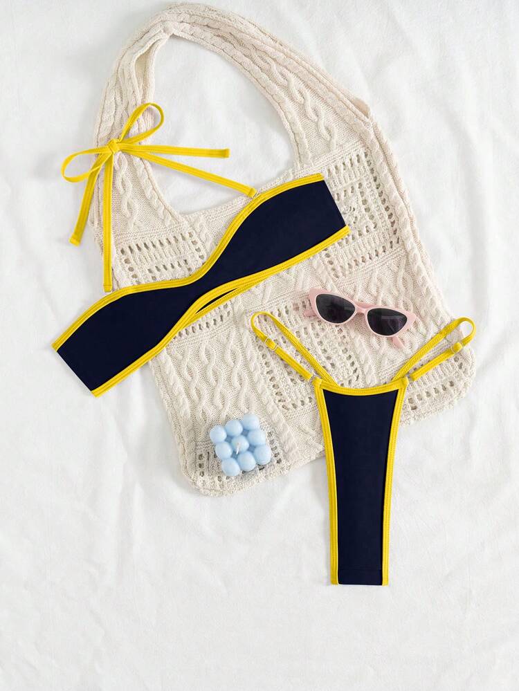 Swim SXY Bộ bikini hai mảnh gợi cảm dành cho nữ, dây mảnh, có thể tháo rời, viền phối màu tương phản. - Nhiều màu - Xem 3