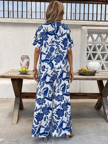 SHEIN Clasi Tropical Fruit Floral Print Shirt Pants Set, Suitable For Everyday Wear, Vacation Outfits Women Beach White Summer - Blue - View 2