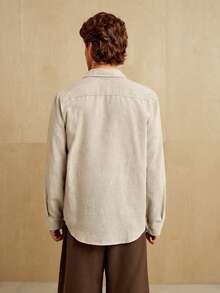 MENRIVO Men's Solid Color Front Button Casual Linen Long Sleeve Light Brown Shirt, Men Beige Shirt For Apricot, Fall - Khaki - View 4