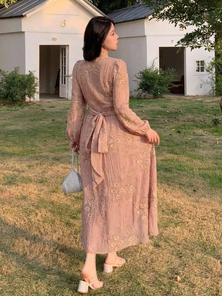 Women's Floral Embroidered Long Sleeve Shirt And Midi Skirt Elegant 2-Piece Set