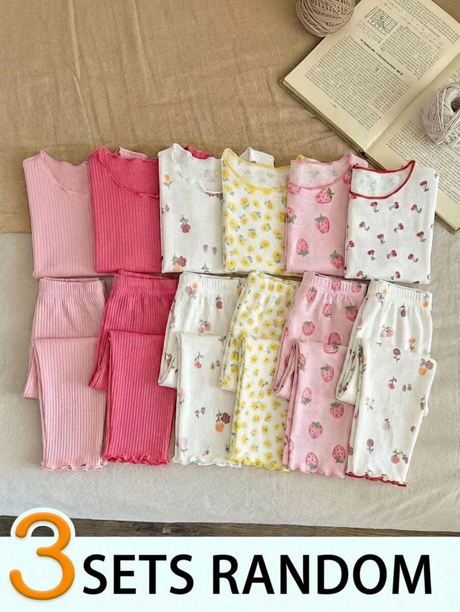 SHEIN LMoss Kids Conjunto de pijama suave de 6 piezas con top de manga corta y cuello redondo con volantes y estampado de corazones, y pantalones para bebé niña - Multicolor - Ver 1