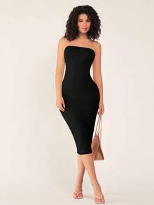 SHEIN PETITE CURVE CURVE Plus Size Women's Petite Black Strapless Bodycon Midi Dress,Elegant High-Waisted Autumn Outfits,Girlism Night Out Club Party Vacation - Black - View 6