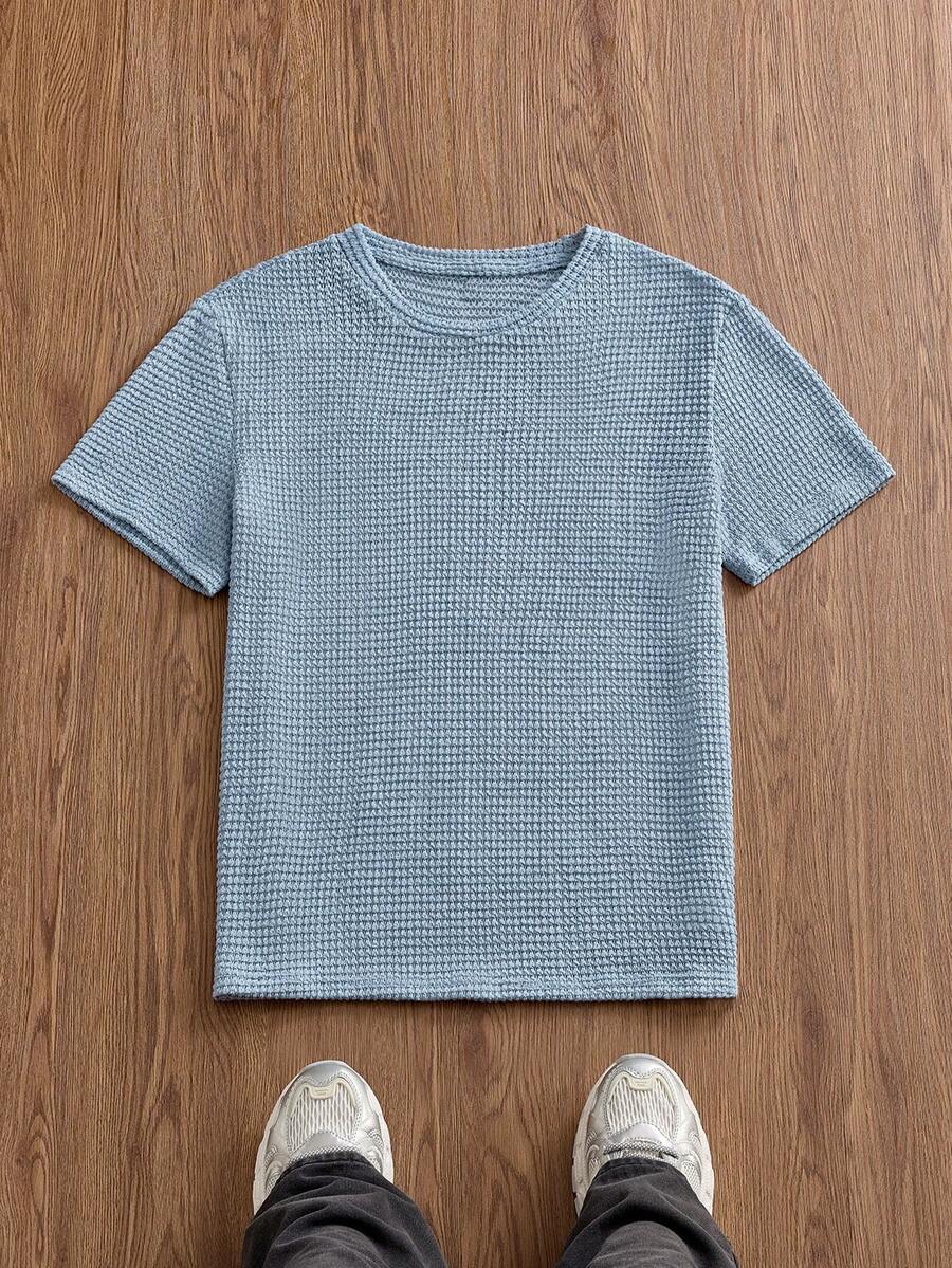 SWAVVY Men's Casual Daily Commute Minimalist Solid Color Textured Fabric Short Sleeve T-Shirt, Summer - Dusty Blue - View 1