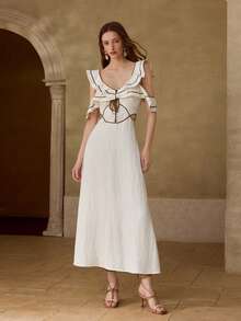 MOTF PREMIUM WOMEN'S CONTRAST COLOR LINEN DRESS WITH STYLISH DESIGN, SPRING/SUMMER - Beige - View 4