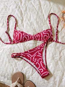 Elavelle Set de 2 piezas Bikini de tirantes finos con estampado aleatorio para mujer, verano - Multicolor - Ver 3