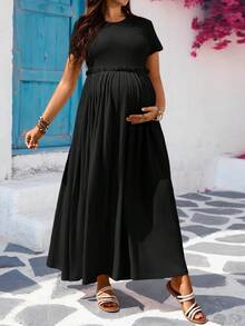 SHEIN Maternity Casual Solid Color Short Sleeve Dress - Black - View 4