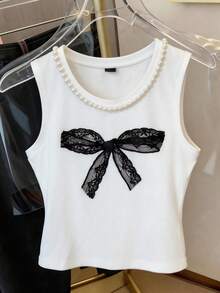 INAWLY Blusa casual de cuello redondo con lazo y decoración de perlas falsas, versátil para uso diario - Blanco - Ver 3