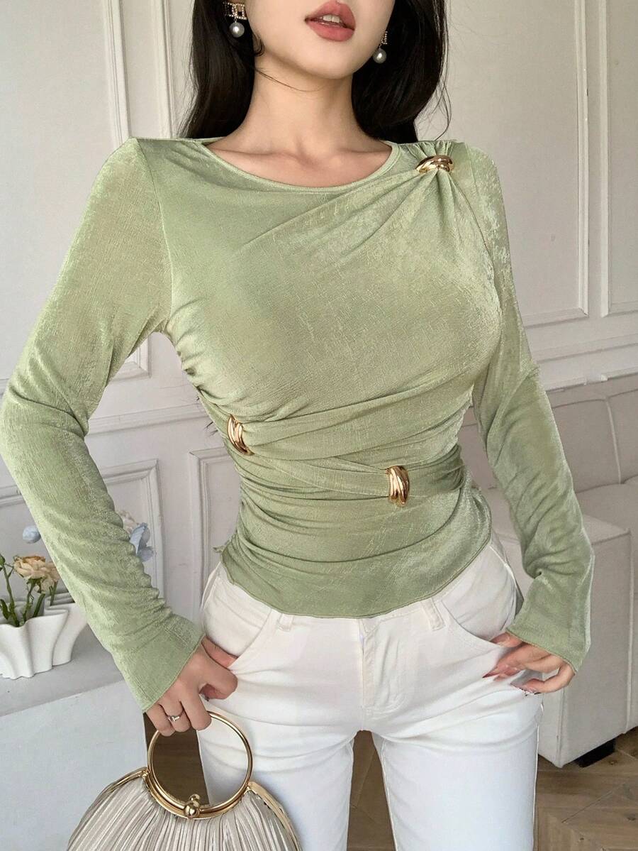 Modelyn 女士绿色针织褶裥腰部金属纽扣休闲T恤，适合工作和休闲场合，春夏女士长袖上衣纯色上衣浅绿色上衣春假外出上衣圣帕特里克节假期 - 綠色 - 查看 1