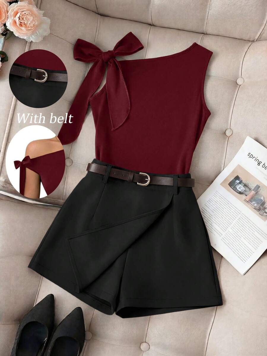 SHEIN Franclia Bộ đồ mùa hè không tay thiết kế tối giản thanh lịch với nơ trang trí. - Màu Đỏ Sâu - Xem 1