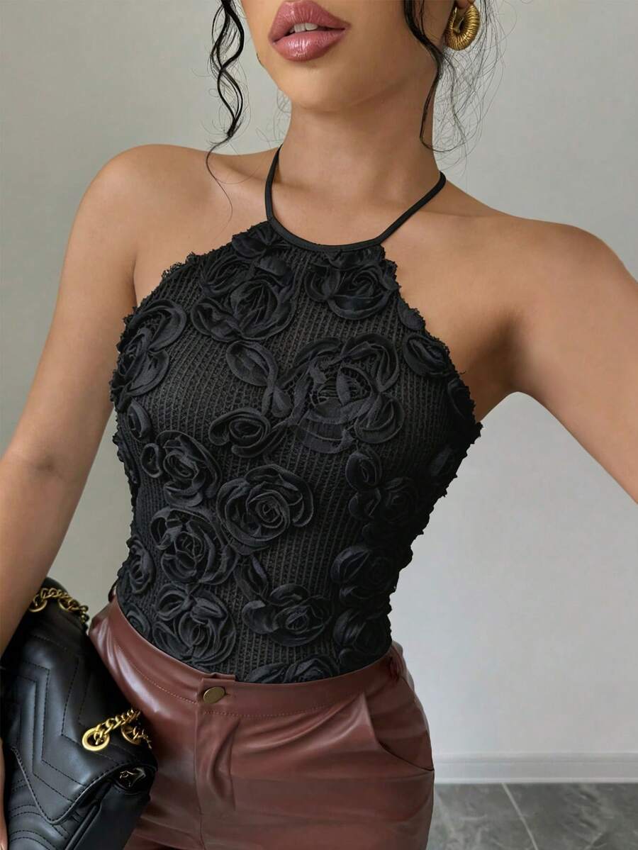 Selianne 女款黑色花卉掛脖綁背上衣，優雅夏季派對晚裝，修身波西米亞風，正式度假穿搭，時尚休閒