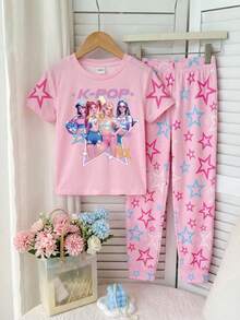 Tenue d'intérieur décontractée minimaliste pour fille préadolescente, manches courtes et pantalon long, convient pour le printemps/été, coupe ajustée, motif de dessin animé, fille préadolescente - Multicolore - Voir 2
