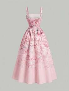 SHEIN MOD Women's Floral Print Ruched Waist Elegant Midi Dress For Party And Occasion,Summer Dresses For Women - Pink - View 4
