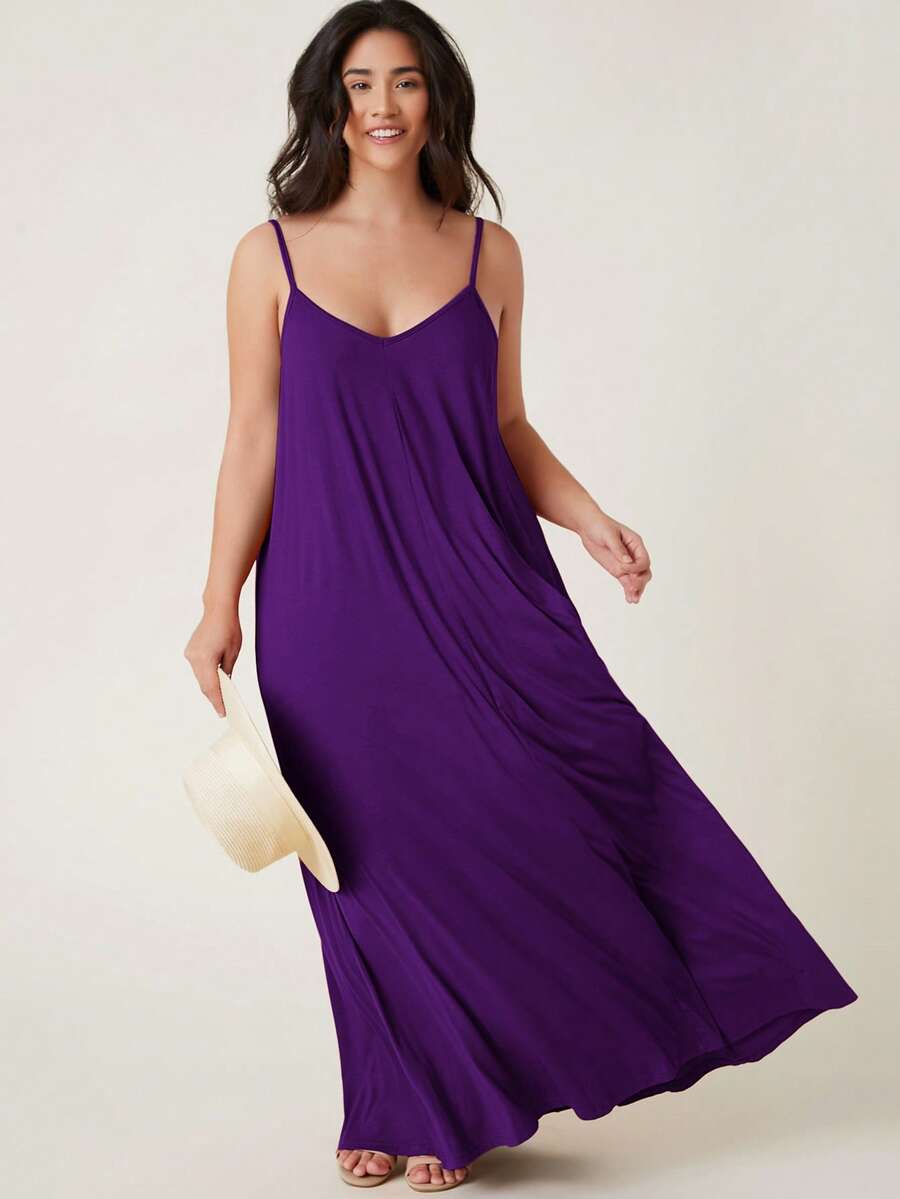 SHEIN BASICS 大码休闲纯色露背吊带连衣裙