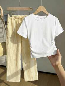 SHEIN Bộ 2 món cho bé gái tuổi teen: Áo cổ tròn và quần sọc. - Màu vàng - Xem 2