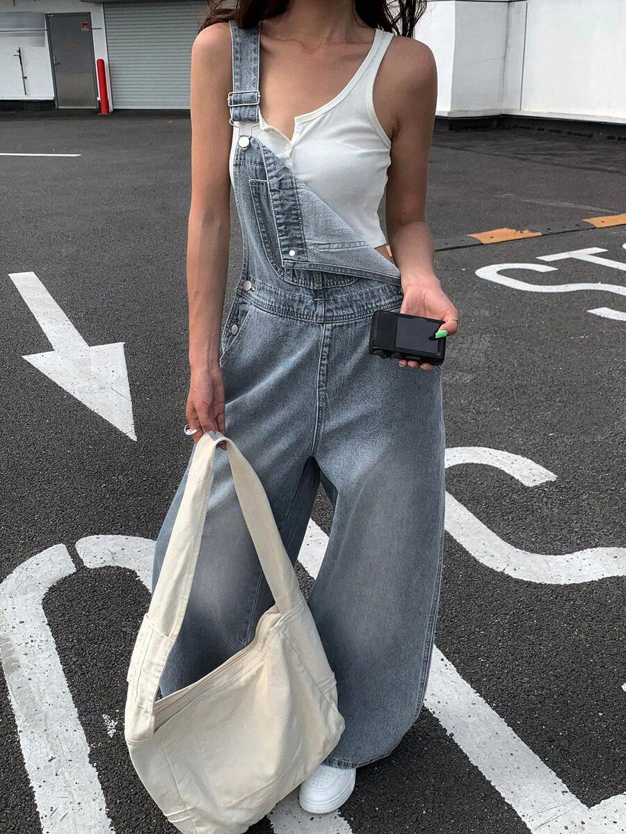 DAZY 女式复古直筒牛仔连体裤和背带裤，夏季工装裤 - 藍色 - 查看 1
