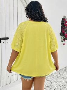 SHEIN CURVE+ Plus Size Women Top With Different Material Splicing,White T-Shirt - Pale Yellow - View 2