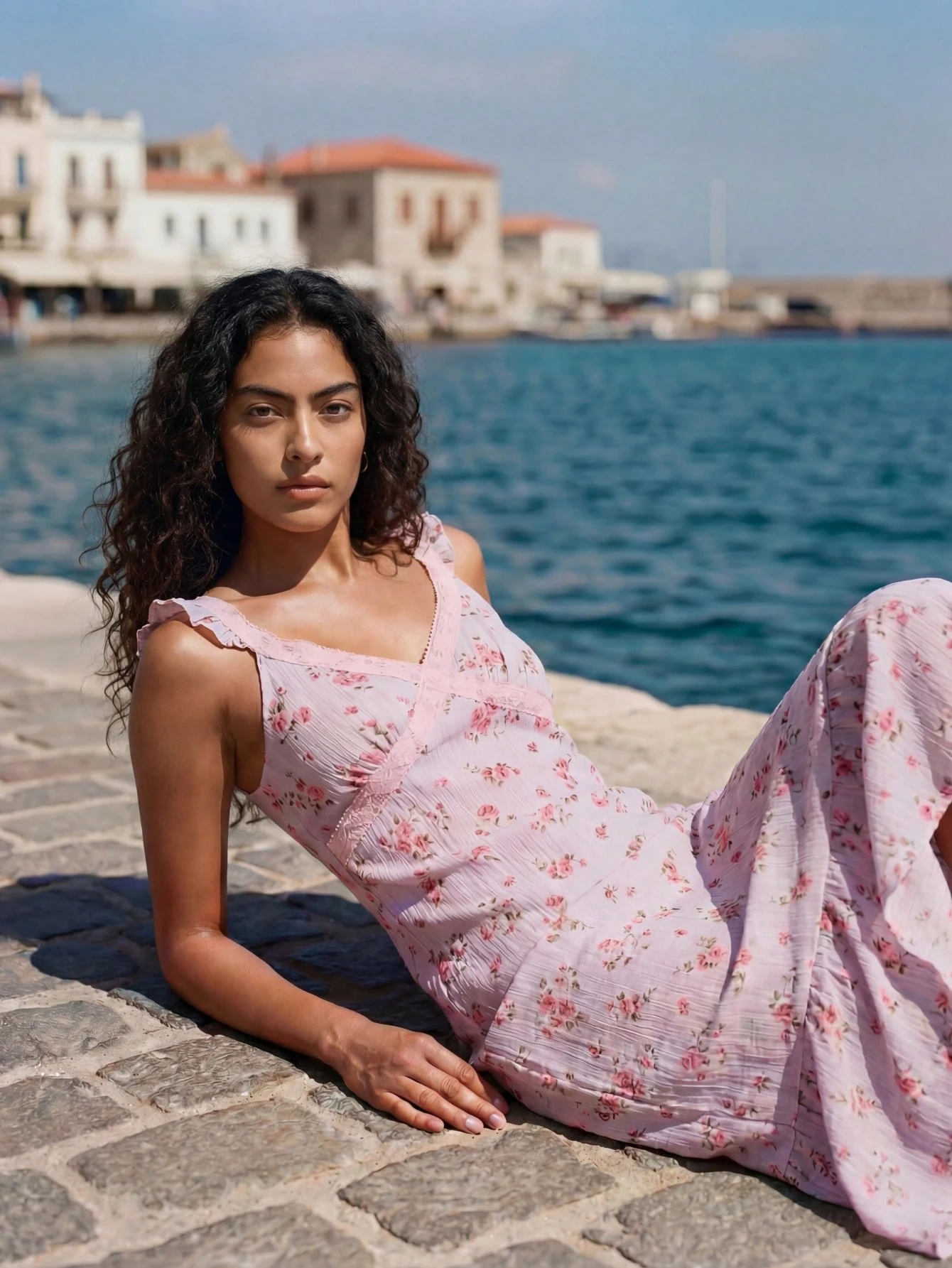 Lilac Check And Rose Print Midi Dress With Pink Lace Trim, Romantic French Style Spring,Summer Dress