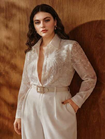 Anewsta High-Quality Fashion New Plus Size Women's French Luxury Heavily Beaded And Sequined Embroidered Lapel Long Sleeve Blouse, Versatile From Spring To Summer
