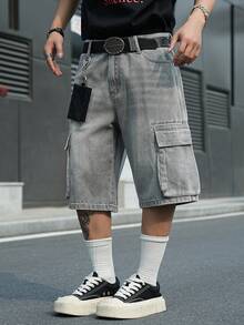 Manfinity EMRG Men's Casual Street Style Multi-Pocket Gray Denim Shorts - Dark Grey - View 5