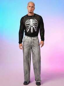 FeverCity Áo len cổ tròn họa tiết bộ xương cho nam, dành cho mùa thu đông - Nhiều màu - Xem 3