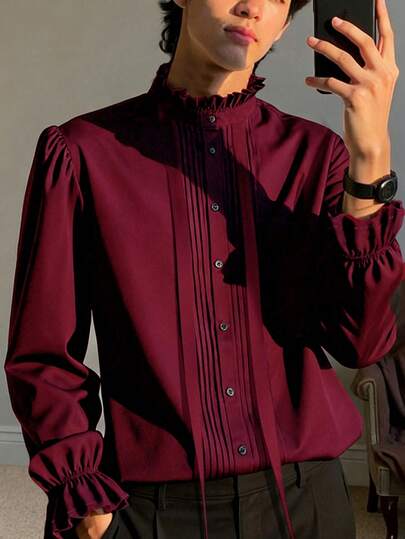 Manfinity AFTRDRK Men's Casual Solid Color Stand Collar Long Sleeve Shirt Men Elegant Shirt Blouses For Men Dress Shirt For Men Red Burgundy Men's Shirt Men's Luxury Shirt Old Money,Daily Leisure, Weekend Trips, Outdoor Activities, Travel Expeditions, Relaxed Work Environments Or Semi-Formal Occasions, Boyfriend/Husband Gift, Anniversary /Birthday Gift Party Christmas New Years Wedding Valentine's Day Men's Luxury Shirts