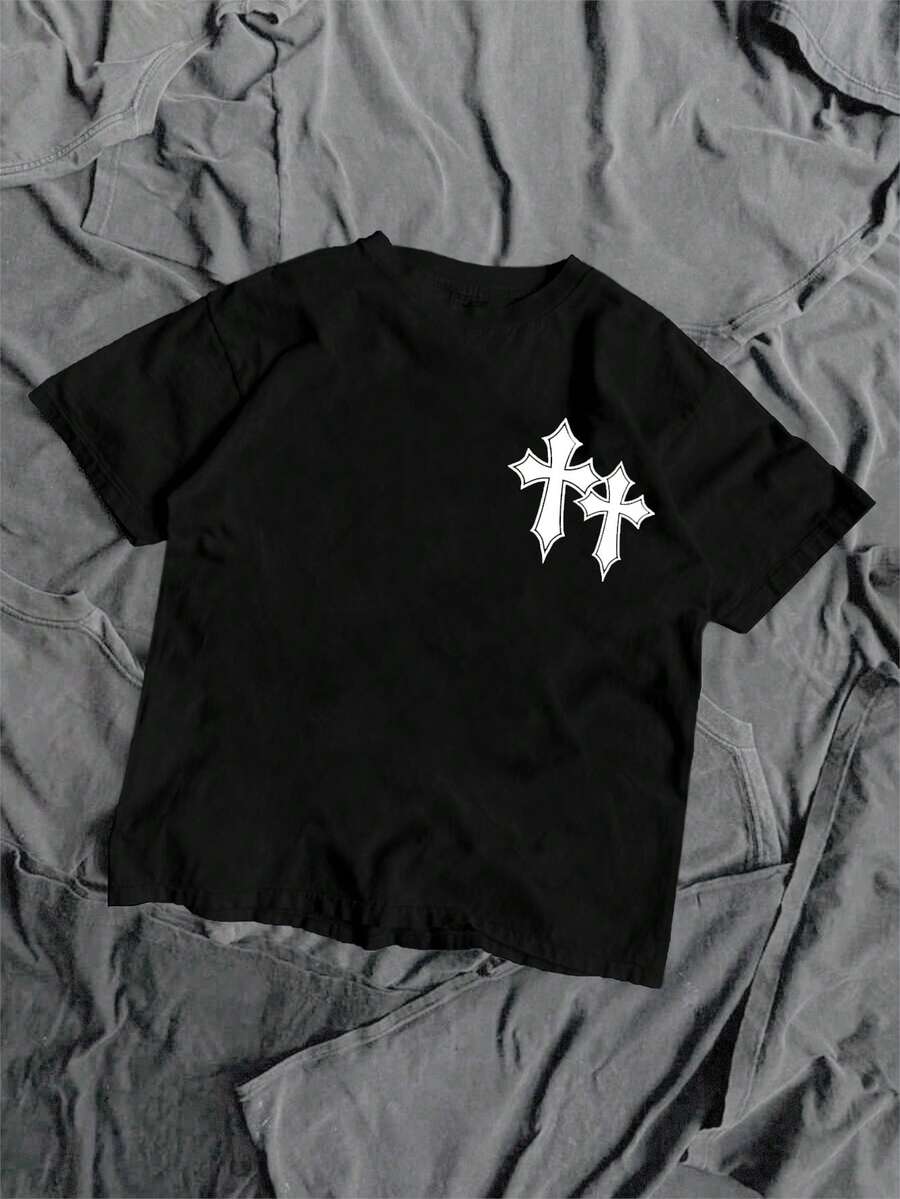 Jesus & Teen Boy Casual Cartoon Cross Graphic Short Sleeve T-Shirt, Suitable For Summer - Black - View 1