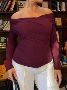 Bethéva 女士优雅露肩T恤 - 酒紅色 - 查看 3