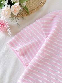 Tween Girl Casual Everyday Comfortable Pink Striped Short Sleeve T-Shirt And Shorts Set - Baby Pink - View 4