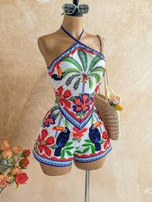 Soleia Women's Palm Tree Print Halter Romper - Multicolor - View 3