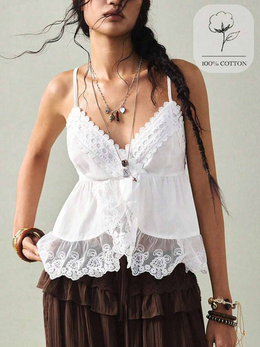 SoleilVie Áo Camisole ren trắng cho nữ - Thiết kế cổ chữ V với các chi tiết voan mỏng, viền xếp tầng bồng bềnh, eo ôm sát, chi tiết voan mỏng ngọt ngào và quyến rũ, áo lót tay ngắn đa năng màu trắng phong cách Boho, áo Bohemian, áo Babydoll trắng, áo Boho mùa hè, áo mùa hè trắng, áo Babydoll trắng, trang phục Boho Chic cho nữ, quần áo Boho cho nữ, áo nữ mùa hè, áo nữ dễ thương, trang phục mùa hè cho nữ. - trắng - Xem 1
