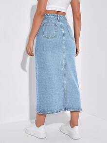 Jeanoix Váy Maxi Denim Thẳng Có Túi, Dài Xẻ Viền Cho Nữ - Rửa nhẹ - Xem 2