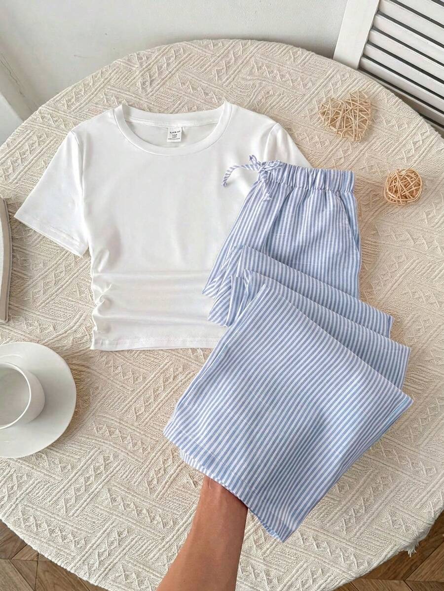 SHEIN 2件套少女休闲圆领上衣和条纹裤套装 - 藍色 - 查看 1