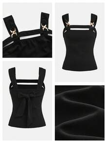 Gossip Girl X SHEIN SHEIN Maija MAIJA Summer Elegant Sexy Tie Front Backless Satin Slip Cami Top Going Out Night Out Outfits Summer Outfits Black Gold - Khaki - View 9