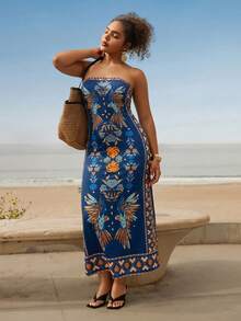 Travachic Women's Blue Strapless Knit Abstract Floral Print Symmetrical Pattern Boho Maxi Dress,Plus Size Summer Vacation Holiday Beachwear Outfits - Blue - View 3